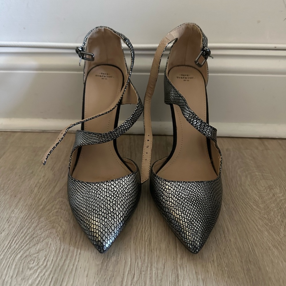 ZARA silver and black strappy shoe.